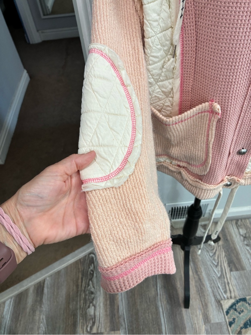 POL Pink and Cream Quilted Mixed-Knit Hooded Cardigan - Picture 4 of 9